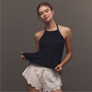 Anthropologie Smocked Lace Trim Halter Tank | Black | Small | NWT